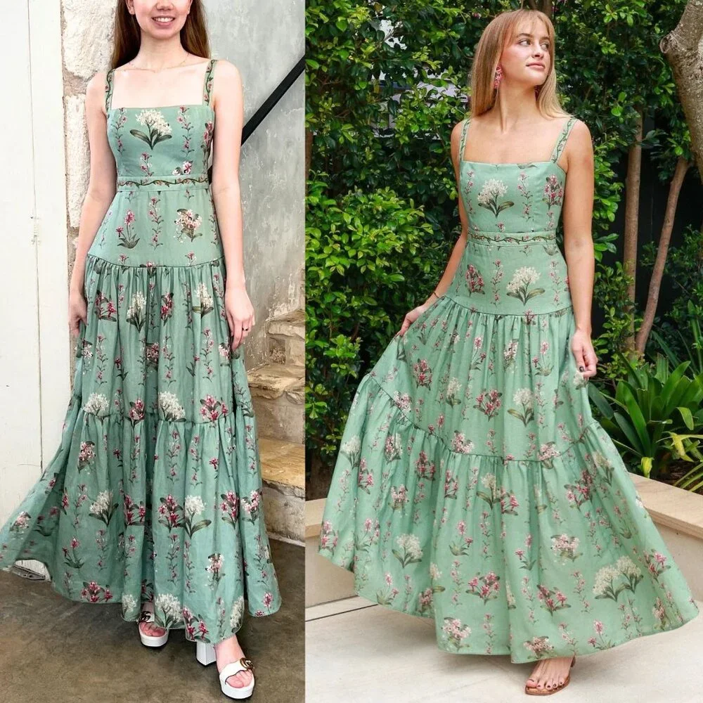 Agua by Agua Bendita Lima Maxi Dress Orquidea Green Embroidered Floral Size M - Picture 13 of 15